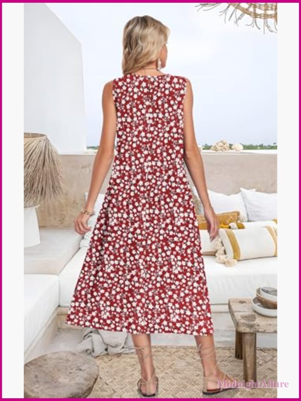 Womens Summer Midi Casual Dress with Pockets Sleeveless Crewneck Sundress - Picture 4 of 7